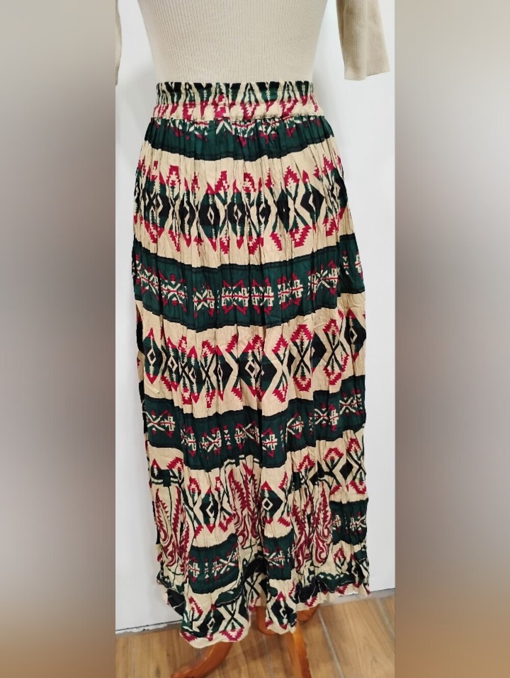 GREEN AND RED SIDE SADDLE MAXI SKIRT